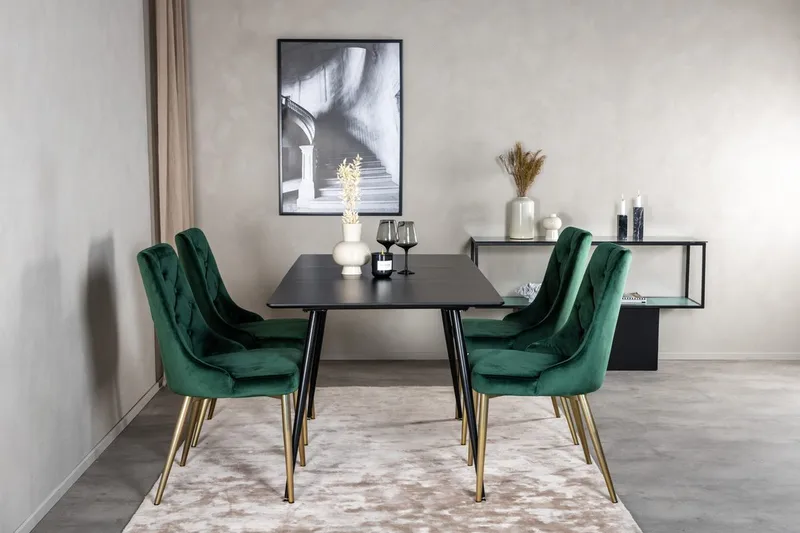 Silar spisegruppe uttrekkbar 120 cm rektangulær med 4 Velvet Deluxe-stoler, Svart/Gull/Grønn