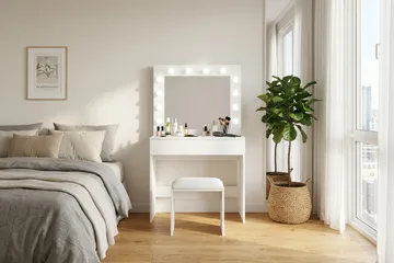 Glow lite sminkebord 80 cm med speil, skuffer og krakk – LED-belysning - Hvit - Møbler - Bord - Sminkebord & toalettbord