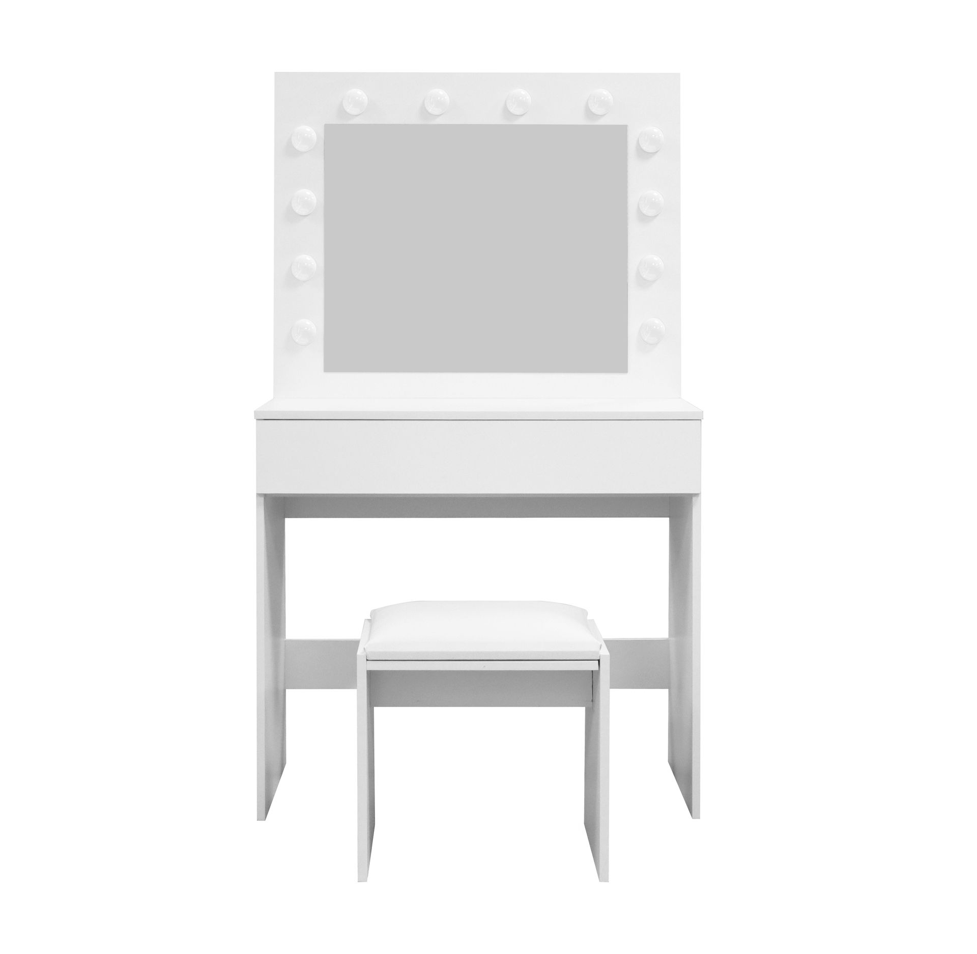 Glow lite sminkebord 80 cm med speil, skuffer og krakk – LED-belysning - Hvit