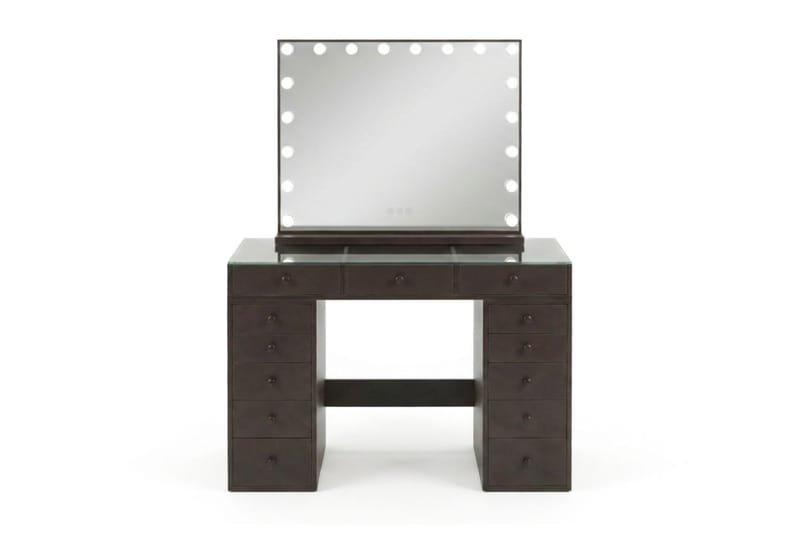 Glow Sminkebord 120 cm med Glassplate Oppbevaring og Skuffer samt Speil 80 cm med Belysning, Brun