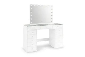 Glow Sminkebord 120 cm med Glassplate Oppbevaring og Skuffer samt Speil 80 cm med Belysning - Hvit - Møbler - Bord - Sminkebord & toalettbord