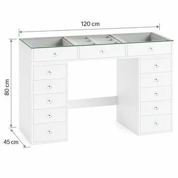 Glow Sminkebord 120 cm med Glassplate Oppbevaring og Skuffer samt Speil 80 cm med Belysning - Hvit - Møbler - Bord - Sminkebord & toalettbord
