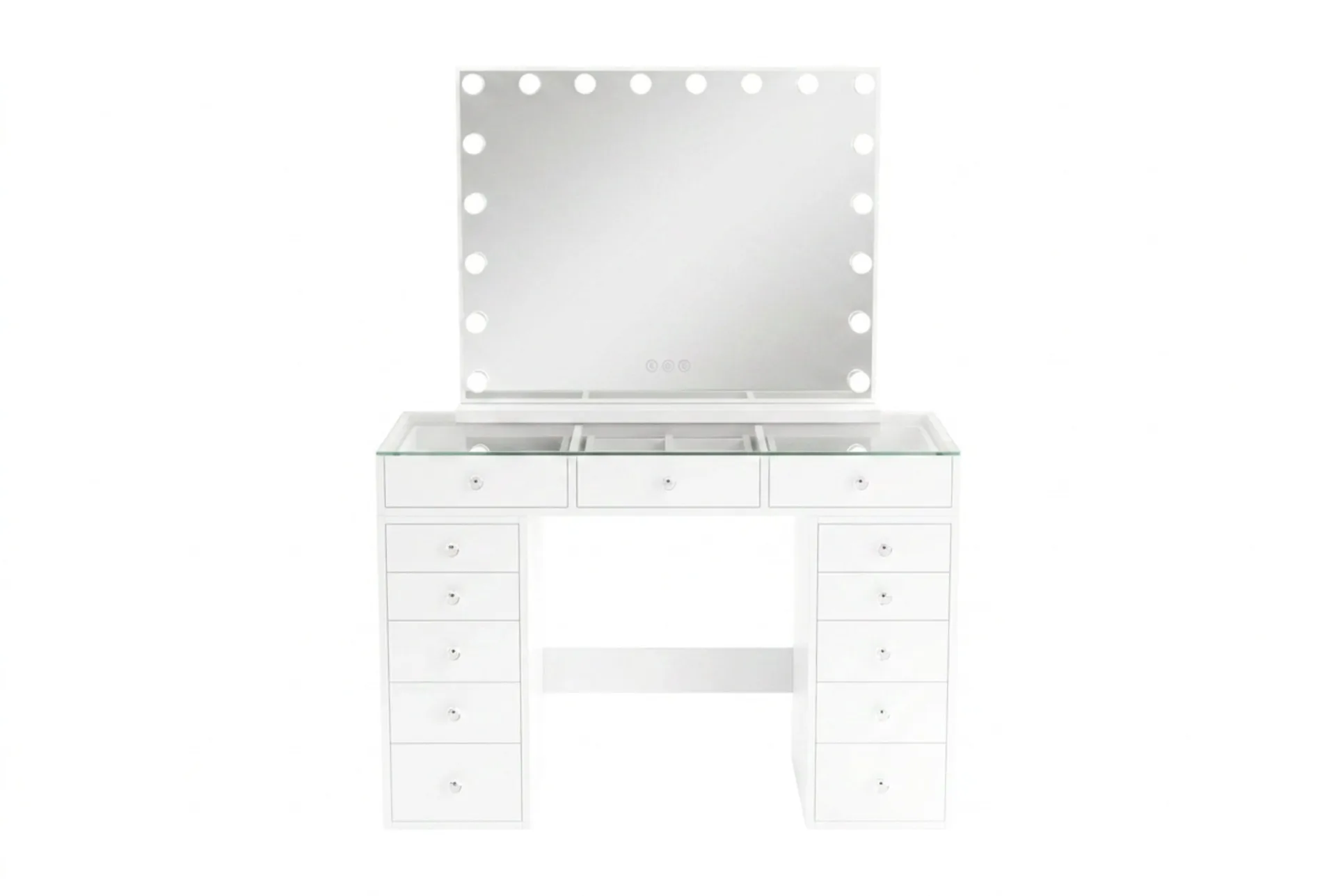 Glow Sminkebord 120 cm med Glassplate Oppbevaring og Skuffer samt Speil 80 cm med Belysning - Hvit