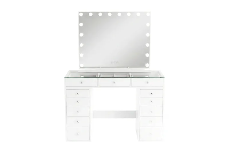 Glow Sminkebord 120 cm med Glassplate Oppbevaring og Skuffer samt Speil 80 cm med Belysning, Hvit