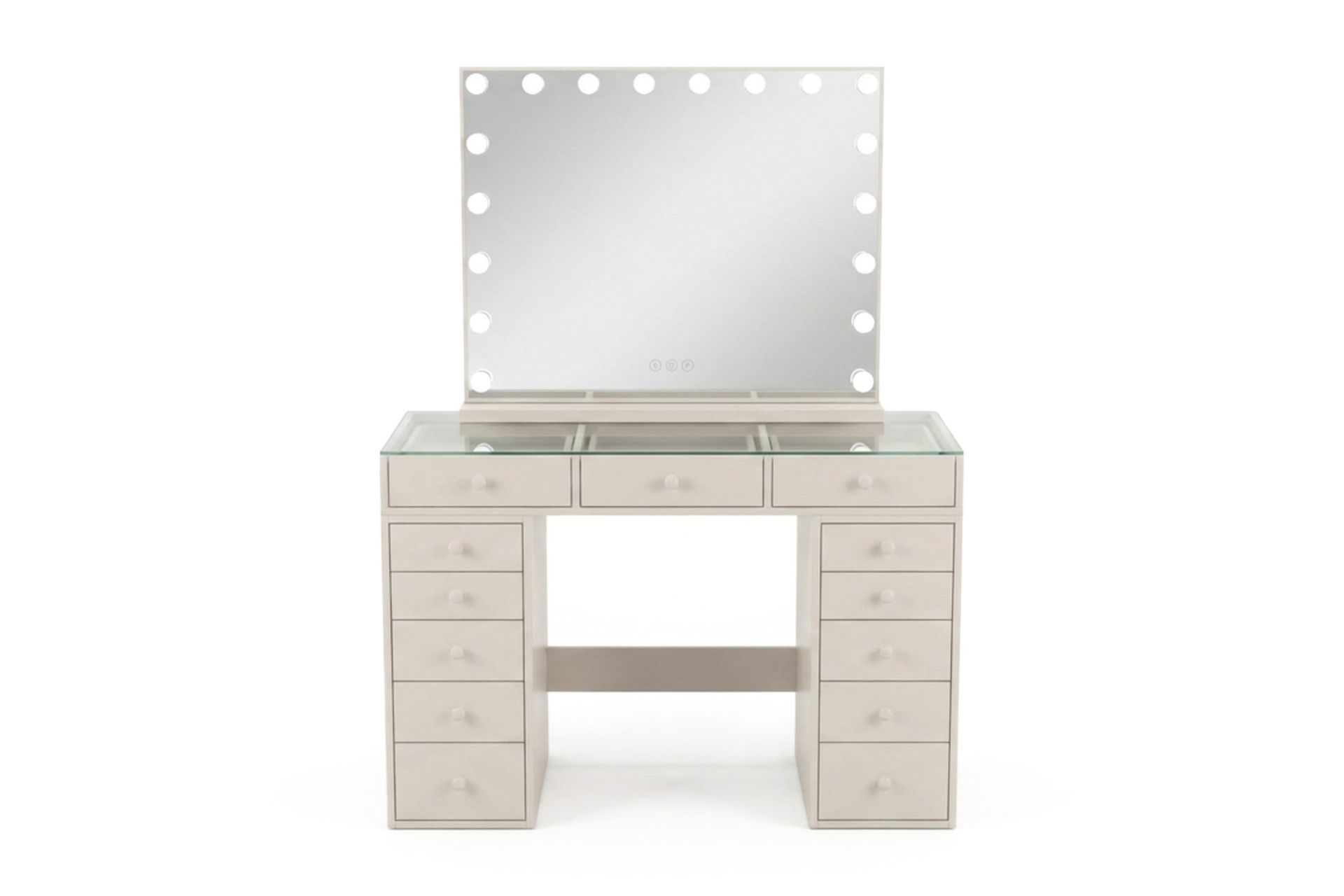 Glow Sminkebord 120 cm med Speil 80 cm og Belysning Glassplate Oppbevaring og Skuffer - Beige