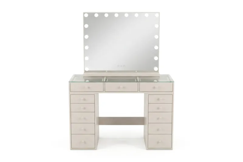 Glow Sminkebord 120 cm med Speil 80 cm og Belysning Glassplate Oppbevaring og Skuffer, Beige