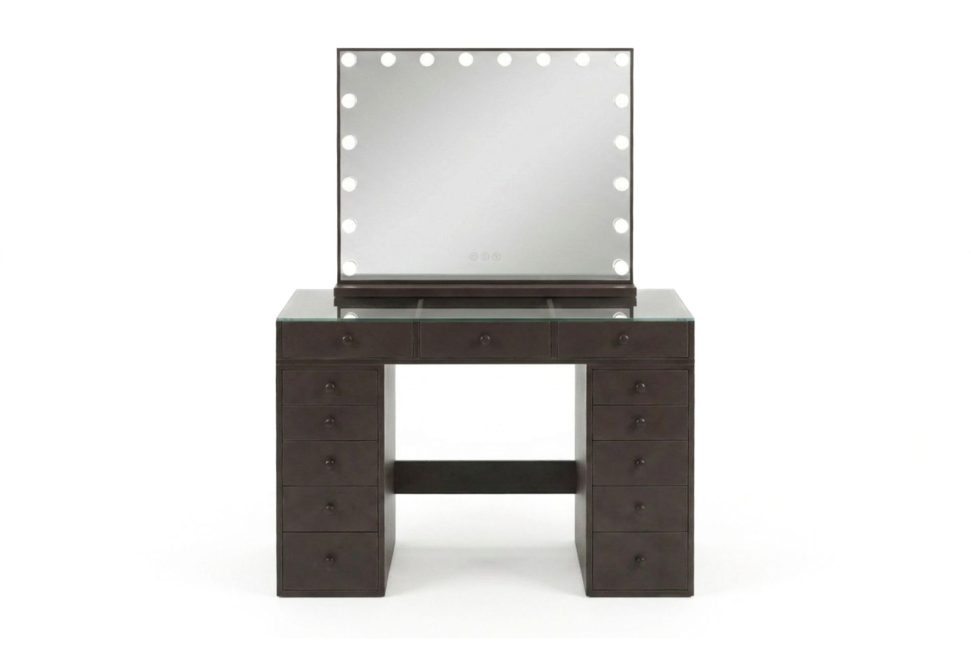 Glow Sminkebord 120 cm med Speil 80 cm og Belysning Glassplate Oppbevaring og Skuffer - Brun