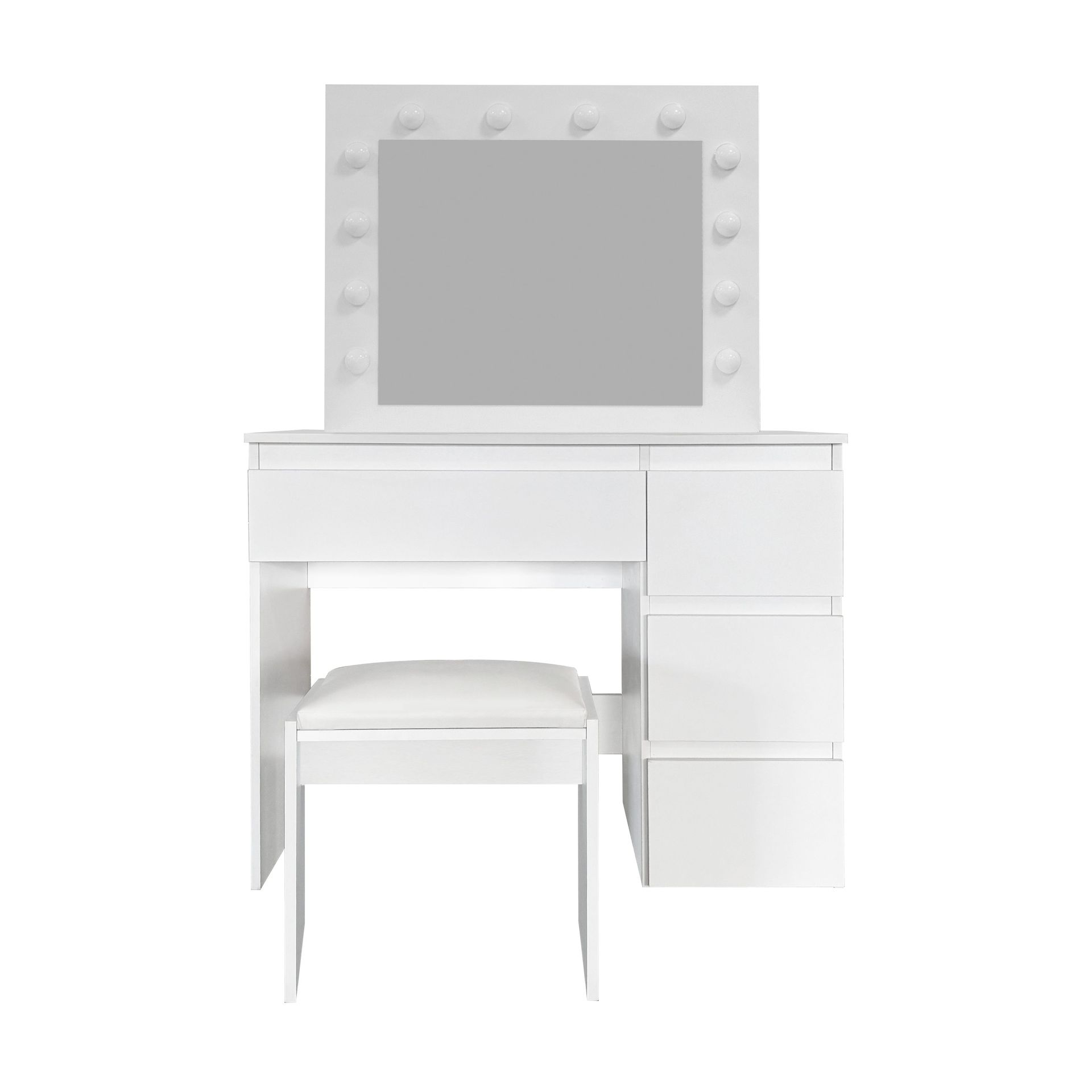 Glow Sminkebord 94 cm med speil, skuffer og krakk – LED-belysning - Hvit