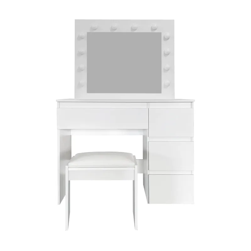 Glow Sminkebord 94 cm med speil, skuffer og krakk – LED-belysning, Hvit