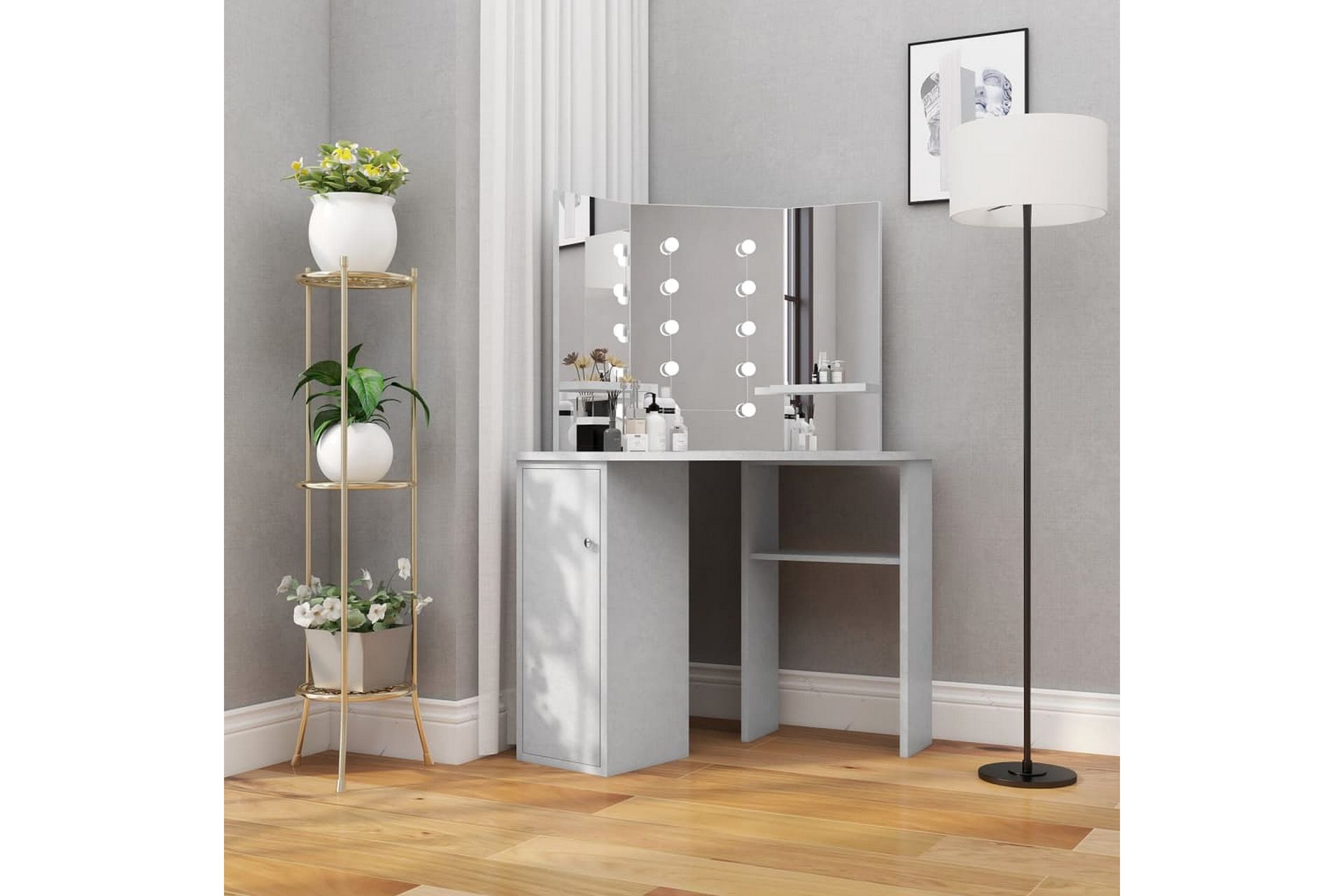 Hjørnemontert sminkebord med LED betonggrå 111x54x141,5 cm - Møbler - Bord - Sminkebord & toalettbord
