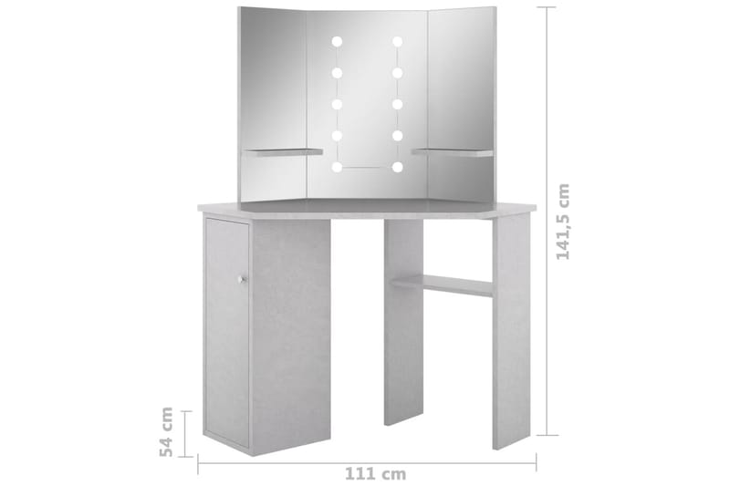 Hjørnemontert sminkebord med LED betonggrå 111x54x141,5 cm - Møbler - Bord - Sminkebord & toalettbord