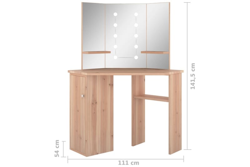 Hjørnemontert sminkebord med LED eik 111x54x141,5 cm - Sminkebord & toalettbord - Sminkebord med lamper - Sminkebord med speil