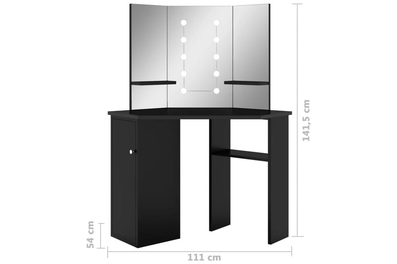 Hjørnemontert sminkebord med LED svart 111x54x141,5 cm - Svart - Møbler - Bord - Sminkebord & toalettbord