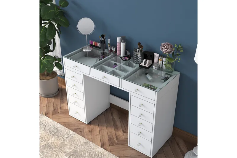 Ramender Sminkebord med Oppbevaring Bordplate i Glass 120 cm, Hvit
