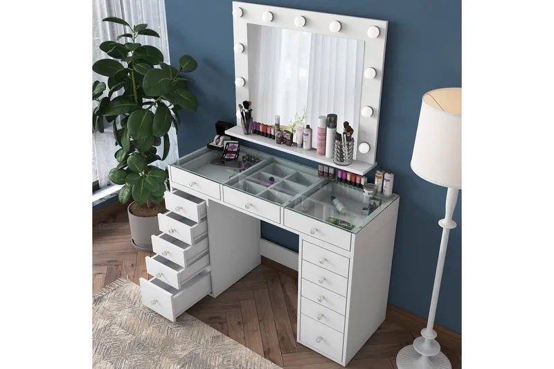 Ramender Stort Sminkebord med speil og lys med oppbevaring, Glass / Hvit