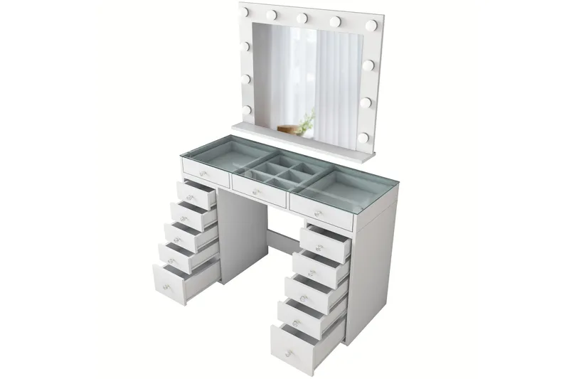 Ramender Stort Sminkebord med speil og lys med oppbevaring - Glass / Hvit - Møbler - Bord - Sminkebord & toalettbord - Sminkebord med speil