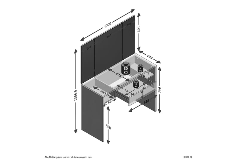Ridell Sminkebord100 cm - Hvit - Møbler - Bord - Sminkebord & toalettbord - Sminkebord med speil