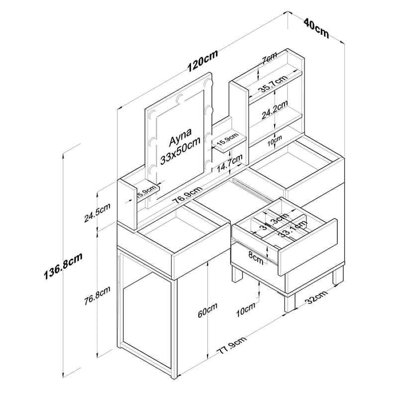 Sminkebord Wallxpert Hyla BJ139 (120 x 136,8 x 40 cm) Hvit - Hvit - Møbler - Bord - Sminkebord & toalettbord