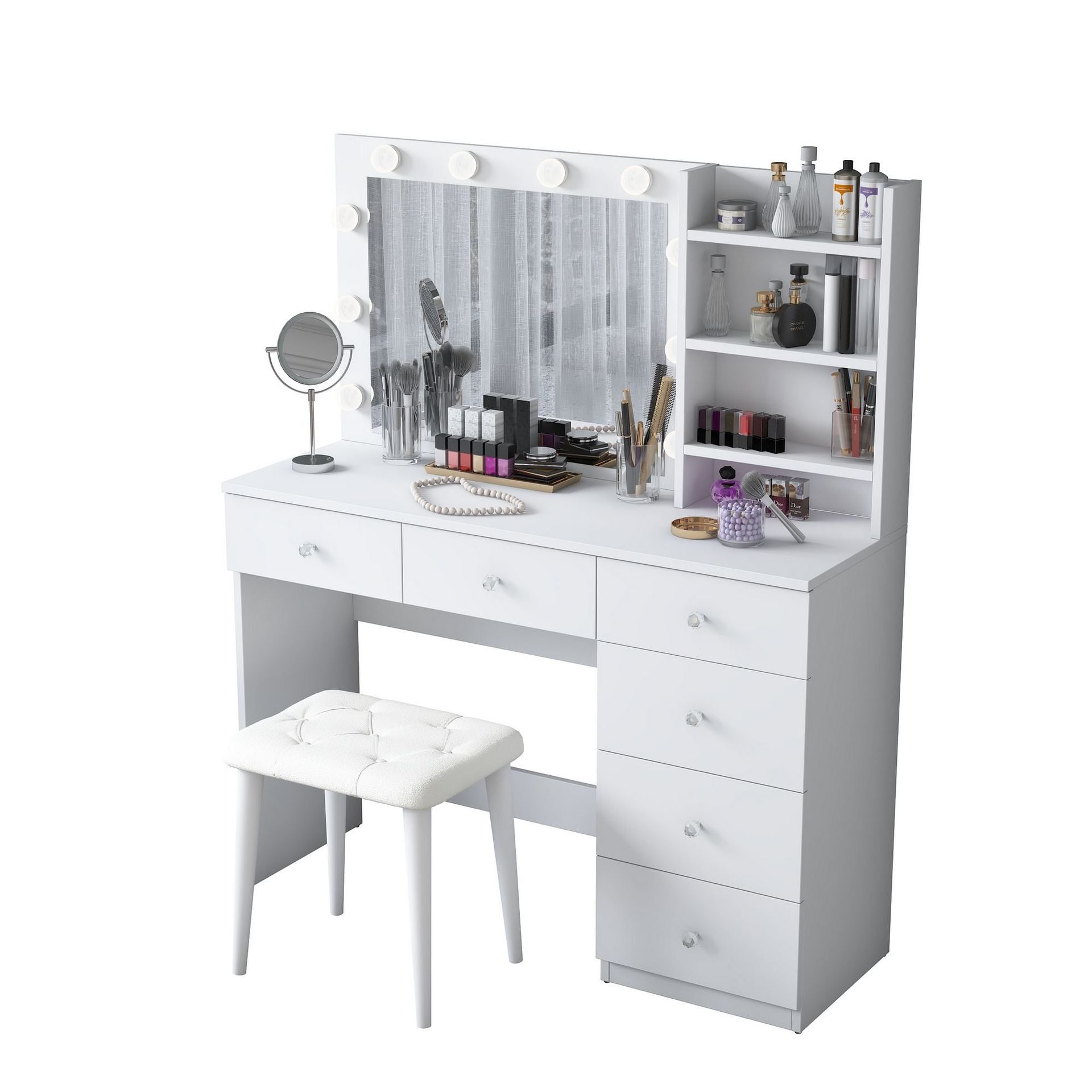 Sminkebord Wallxpert Isla-hylle med puff (120 x 141,8 x 40 cm) Hvit - Hvit