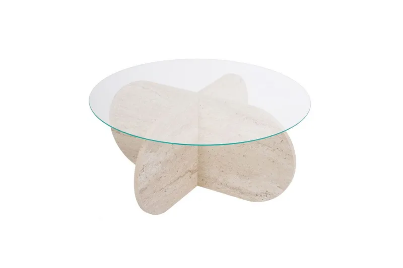 Sofabord Aeris 75 cm med Glassplate, Travertin / Transparent