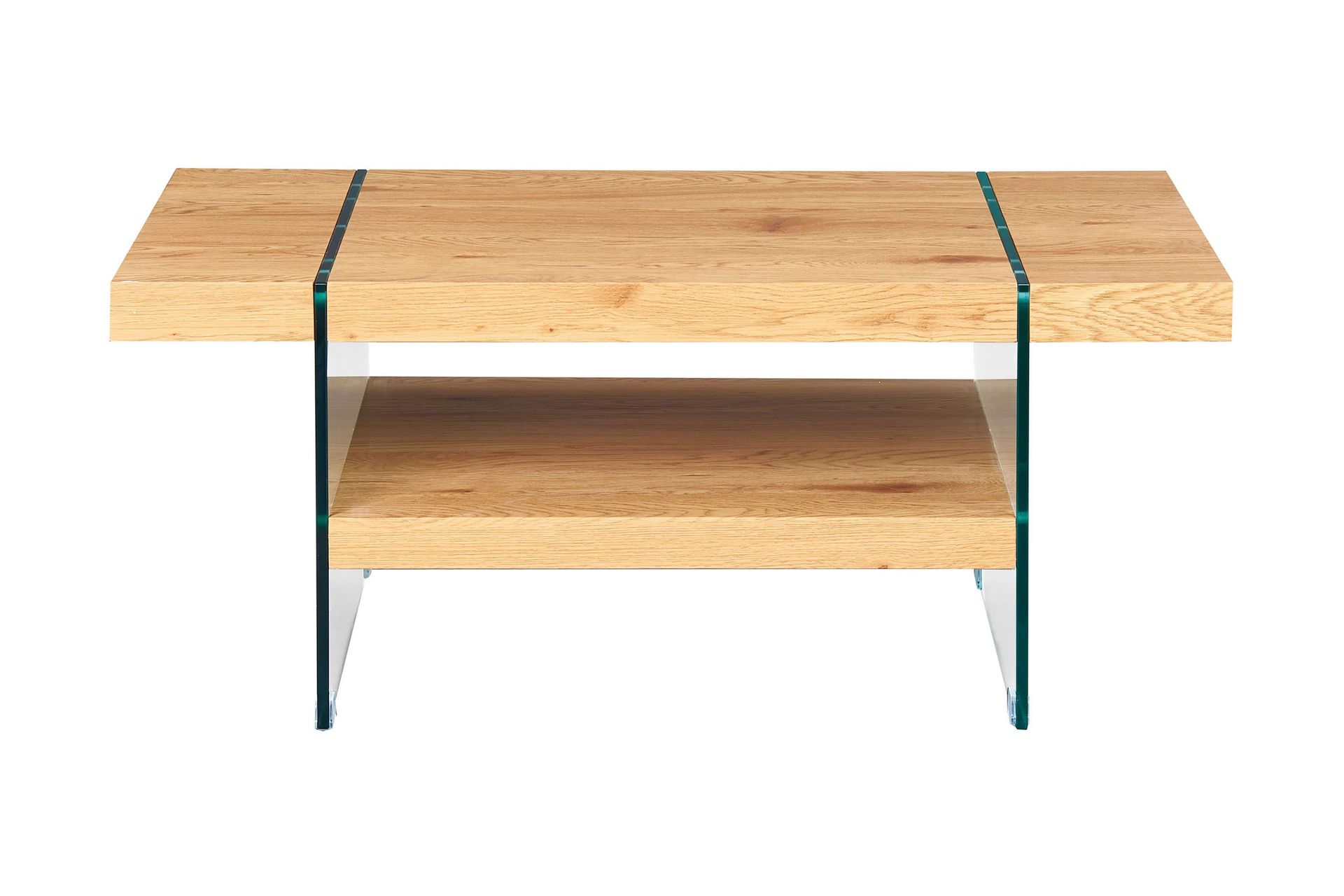Aldreda Sofabord 110 cm med Oppbevaringshylle - Glass/Natur/Brun
