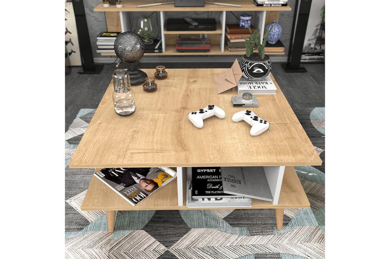 Andifli 89 cm Firkantet Sofabord med Hyller i Eik - Beige - Møbler - Bord - Sofabord