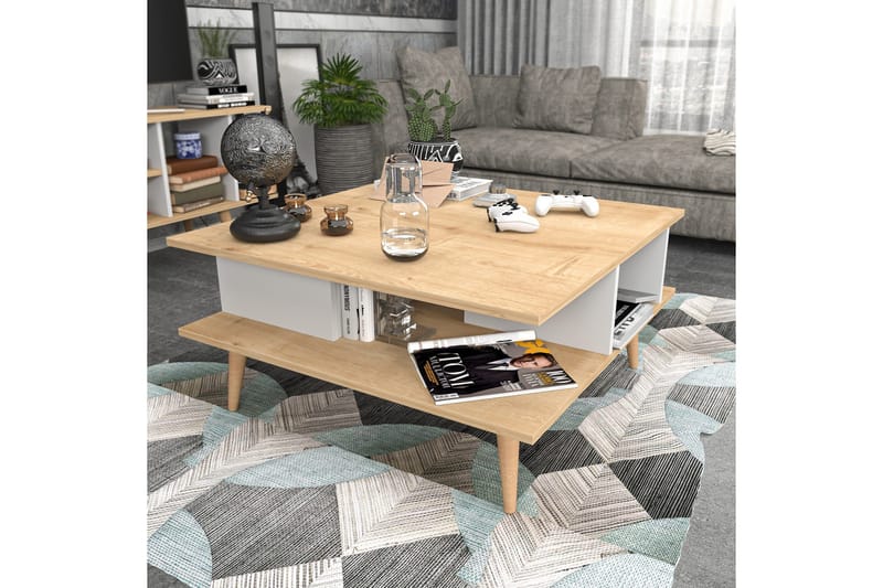 Andifli 89 cm Firkantet Sofabord med Hyller i Eik - Beige - Møbler - Bord - Sofabord