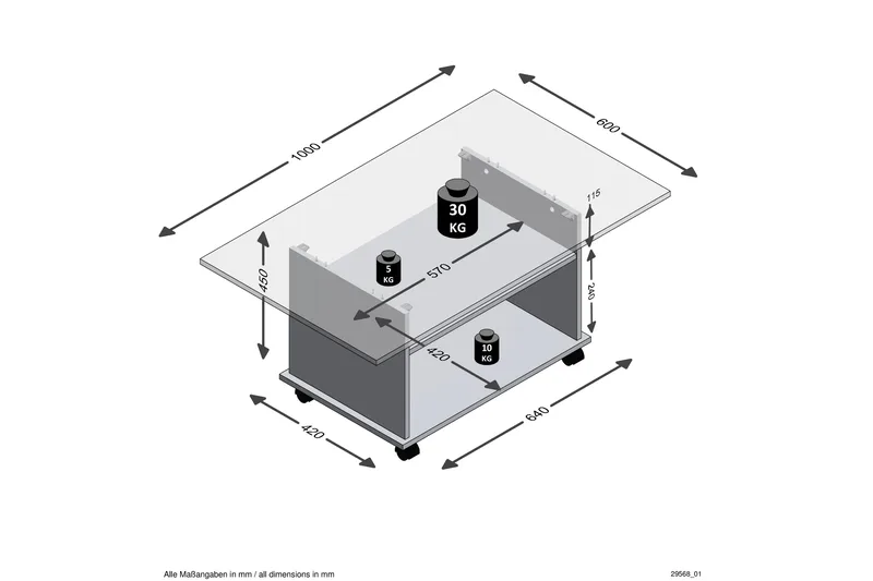 Azur Sofabord 100 cm med Oppbevaring Hylle på Hjul - Hvit/Betonggrå - Møbler - Bord - Sofabord