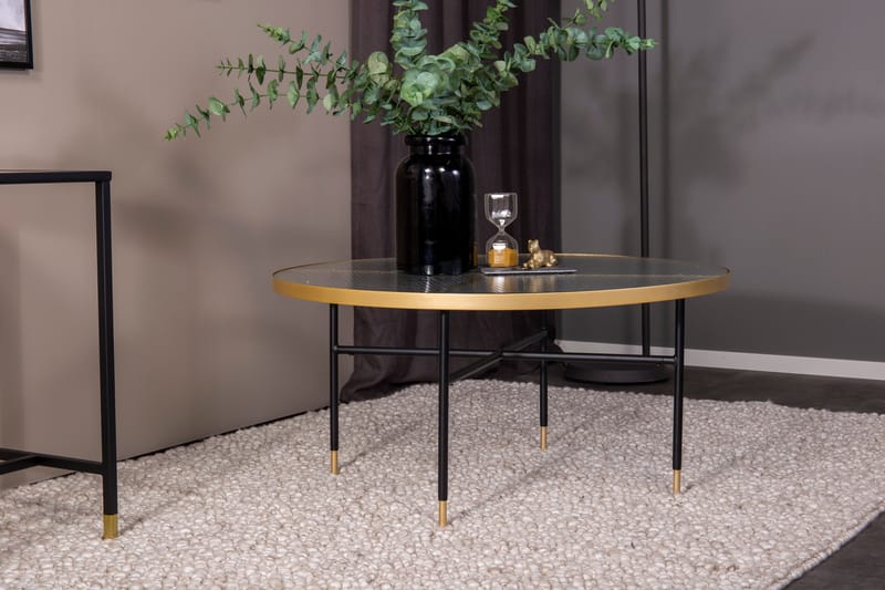 Bianco Sofabord 98 cm Rundt - Glass/Svart/Messing - Sofabord - Sammenleggbart bord - Speilbord - Sofabord med oppbevaring - Sofabord med hjul - Hev og senkbart sofabord
