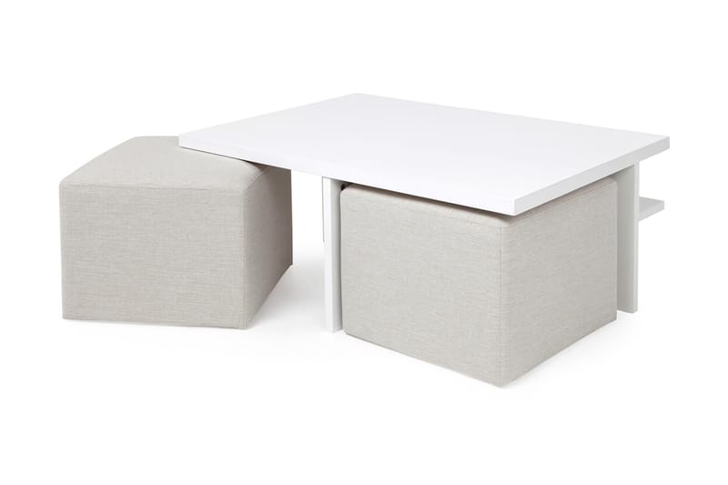Boxy Sofabord 100 cm med 2 Puffer - Hvit/Beige - Sofabord