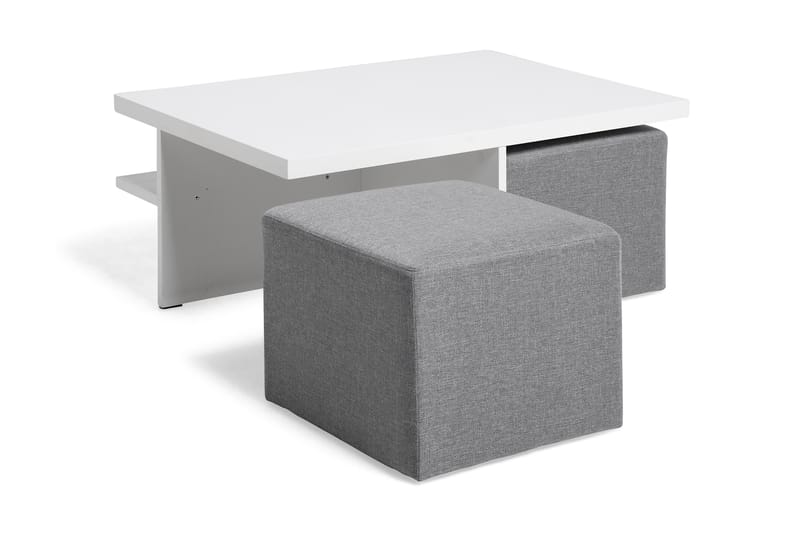 Boxy Sofabord 100 cm med 2 Puffer - Hvit/Lysegrå - Sofabord