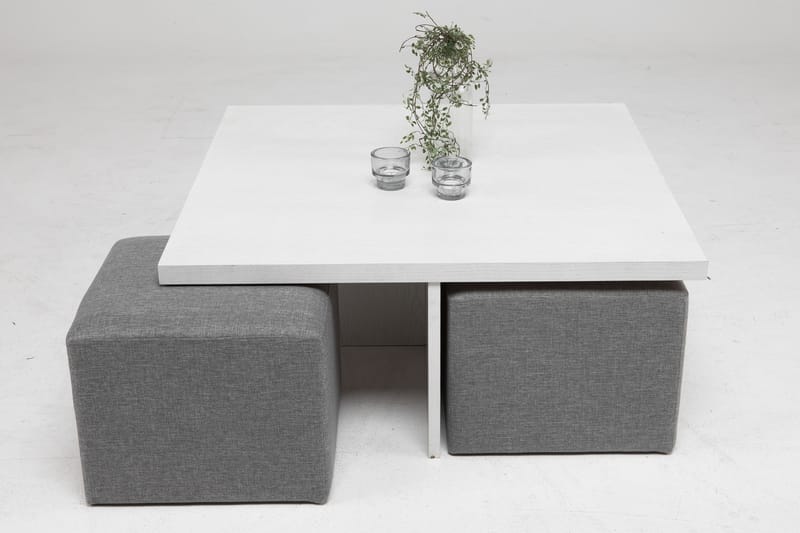 Boxy Sofabord 100 cm med 4 Puffer - Hvit/Lysegrå - Sofabord