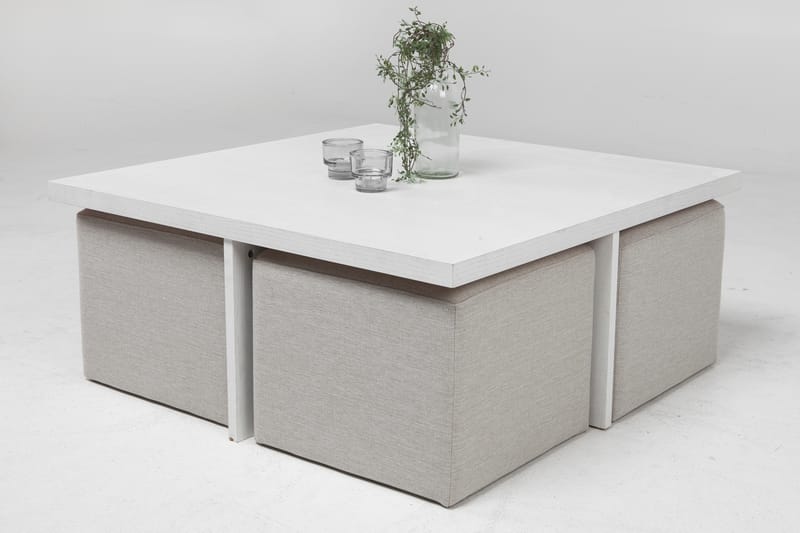 Boxy Sofabord 100 cm med 4 Puffer - Hvit/Beige - Sofabord