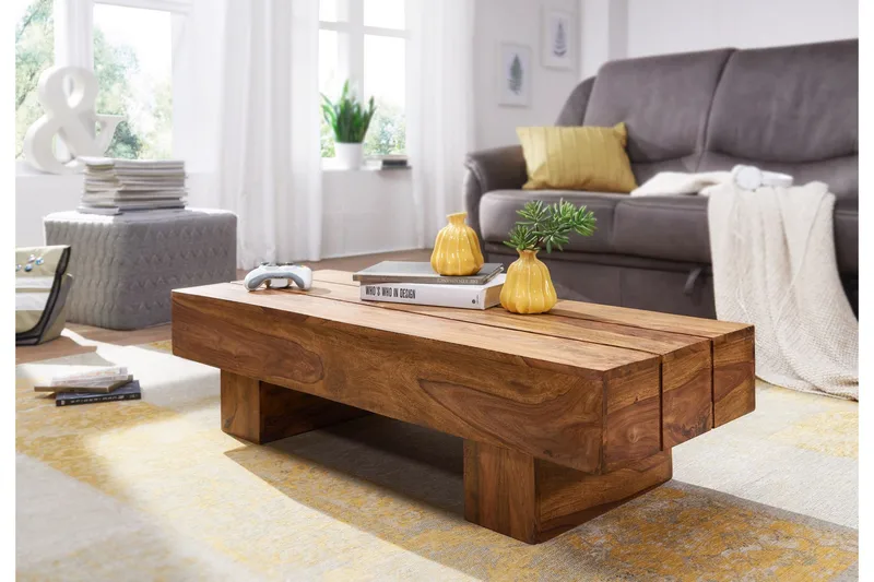 Brano 120 cm Rektangulært Sofabord i Massivt Tre med Massivt Bjelkedesign - Brun - Møbler - Bord - Sofabord