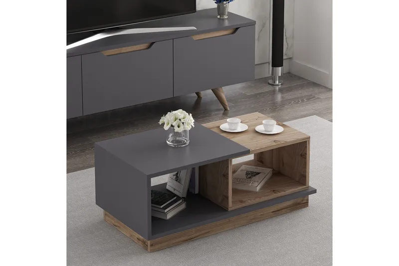 Broceni Sofabord 90 cm med Oppbevaring Hyller - Antrasitt/Natur - Møbler - Bord - Sofabord