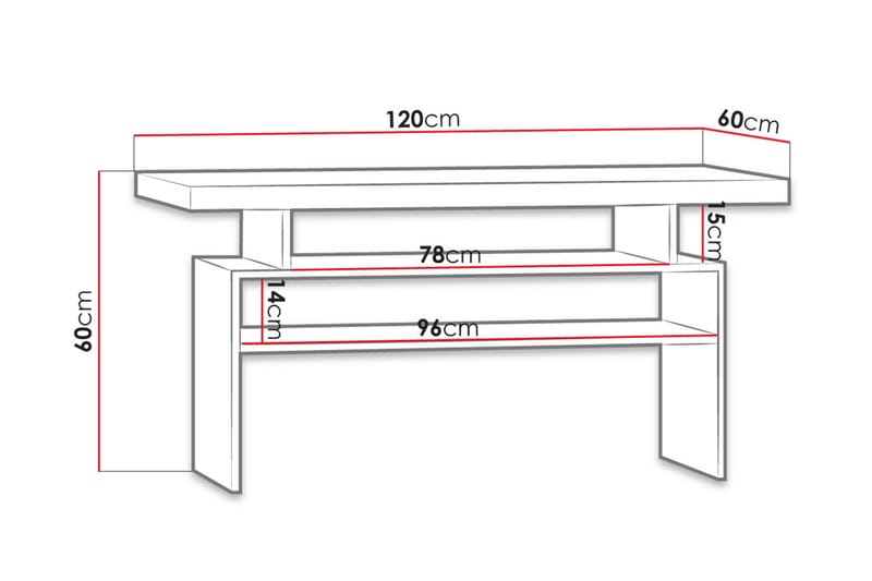 Castillia Sofabord 120 cm med Oppbevaringshyller - Lyse Ask - Sofabord