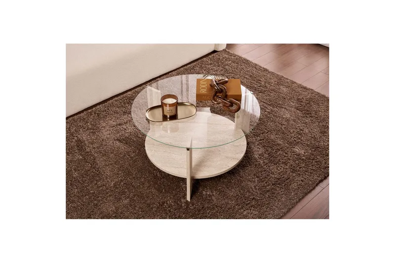 Sofabord Clara 75 cm med Glassplate - Travertin / Transparent - Møbler - Bord - Sofabord