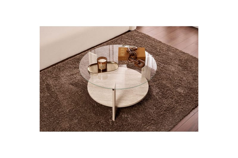 Sofabord Clara 75 cm med Glassplate - Travertin / Transparent - Møbler - Bord - Sofabord