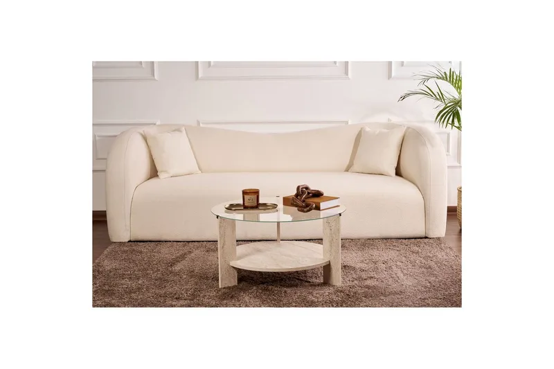 Sofabord Clara 75 cm med Glassplate - Travertin / Transparent - Møbler - Bord - Sofabord