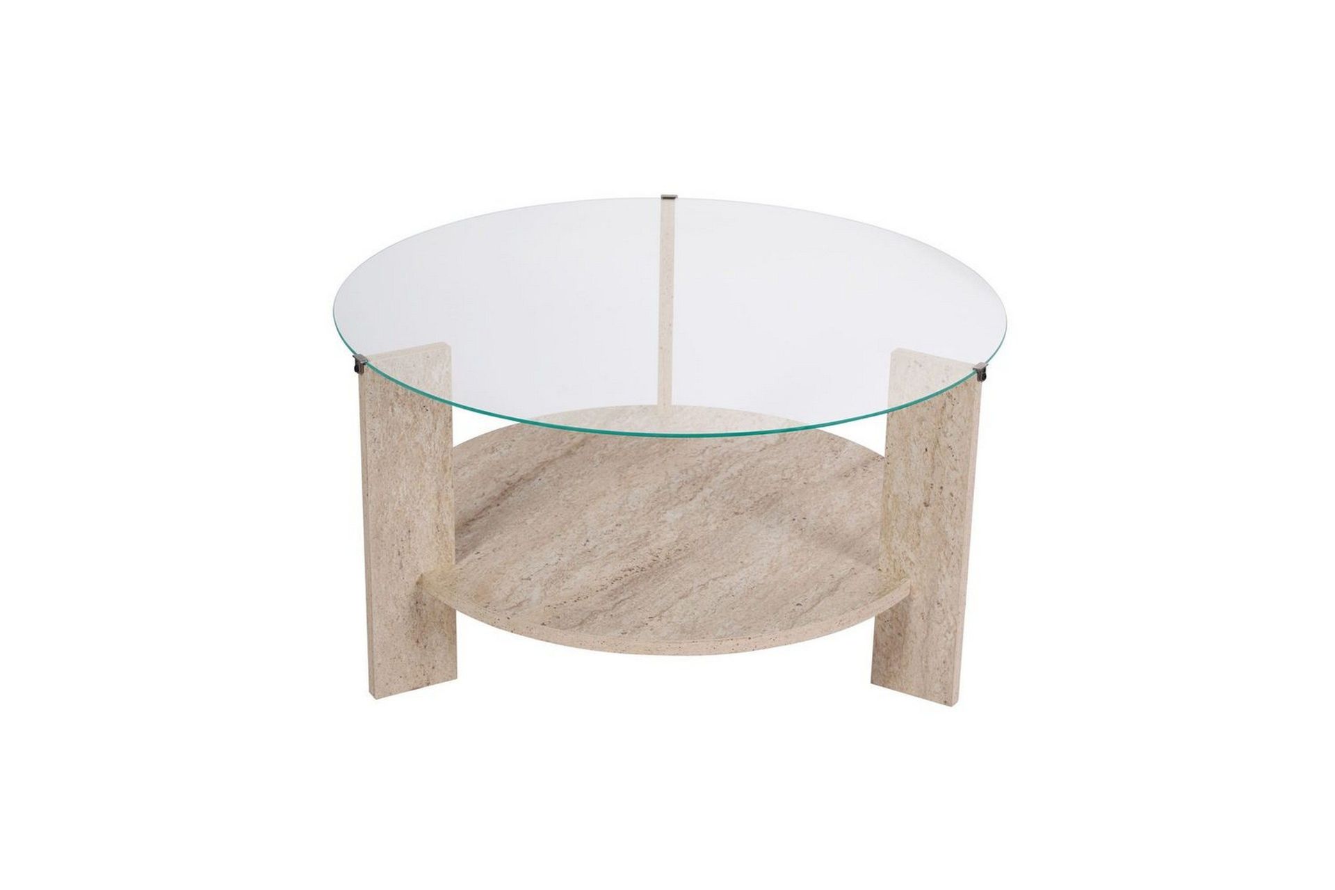 Sofabord Clara 75 cm med Glassplate - Travertin / Transparent