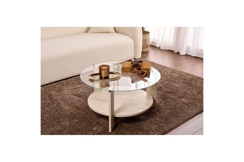 Sofabord Clara 75 cm med Glassplate - Travertin / Transparent - Møbler - Bord - Sofabord