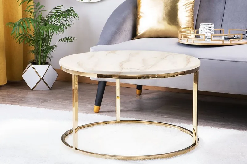 Coralla Sofabord 70 cm Rundt Marmormønster, Hvit/Gull