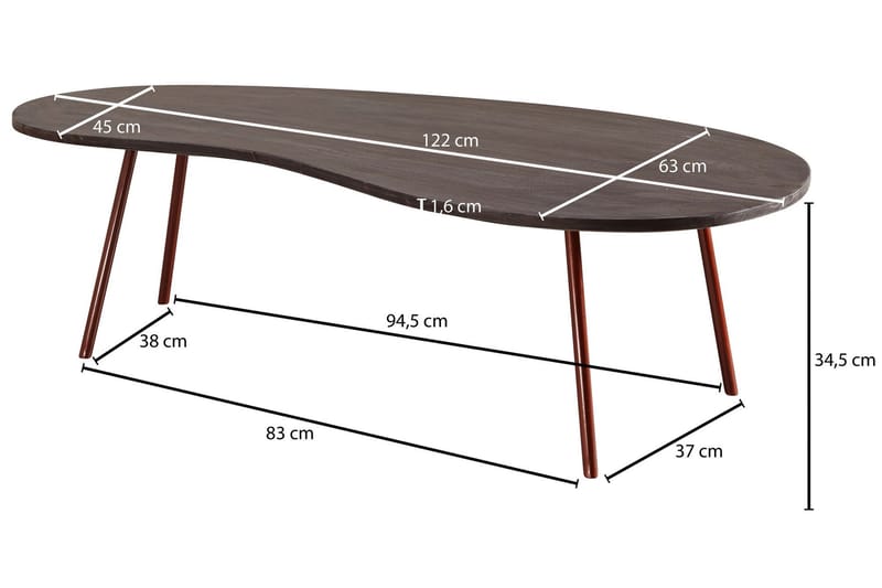 Corkrean Sofabord 122 cm Njurformat - Massivt Tre/Mørkegrå/Kobber - Møbler - Bord - Sofabord