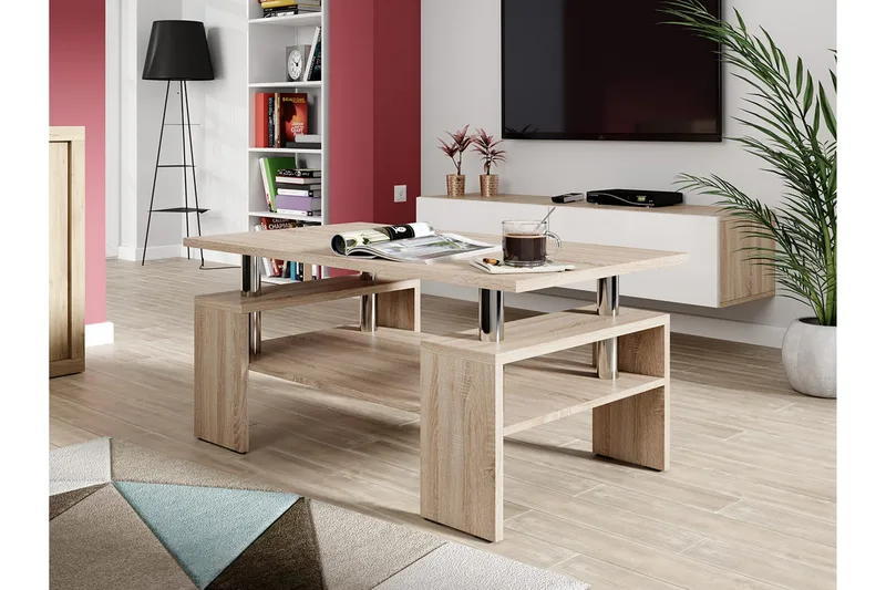 Cubeia Sofabord 110 cm med Oppbevaringshyller - Eikefarge/Krom - Møbler - Bord - Sofabord