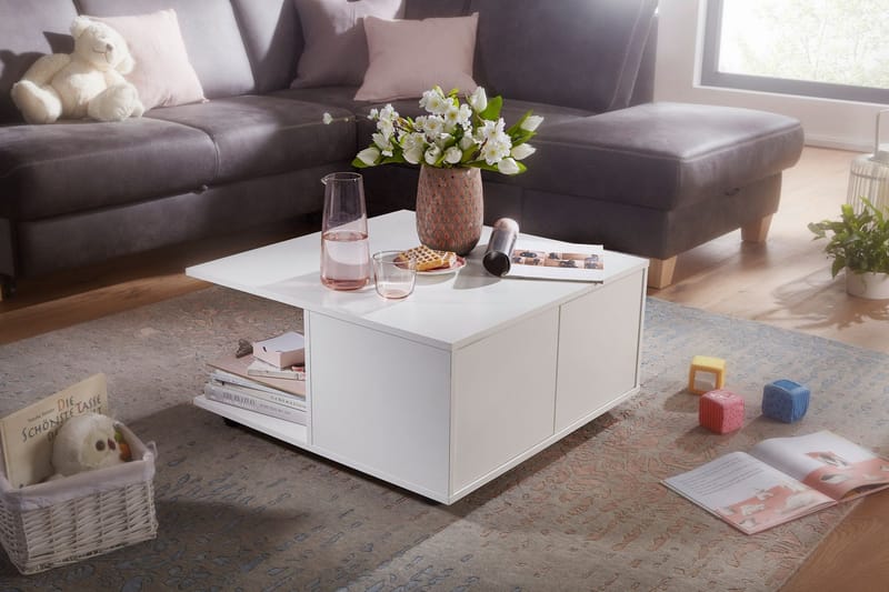 Delgadillo Kvadratisk Sofabord 70 cm med Skuffer og Hjul i Malt Tre - Hvit - Møbler - Bord - Sofabord - Sofabord med hjul