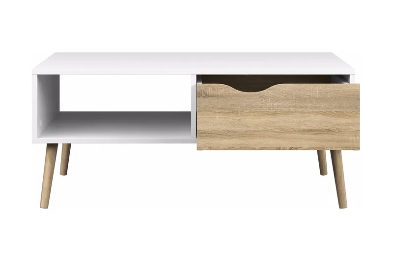 Delta Sofabord 99 cm med Oppbevaringsskuff + Hylle - Hvit/Eikefarge - Møbler - Bord - Sofabord - Sofabord med oppbevaring