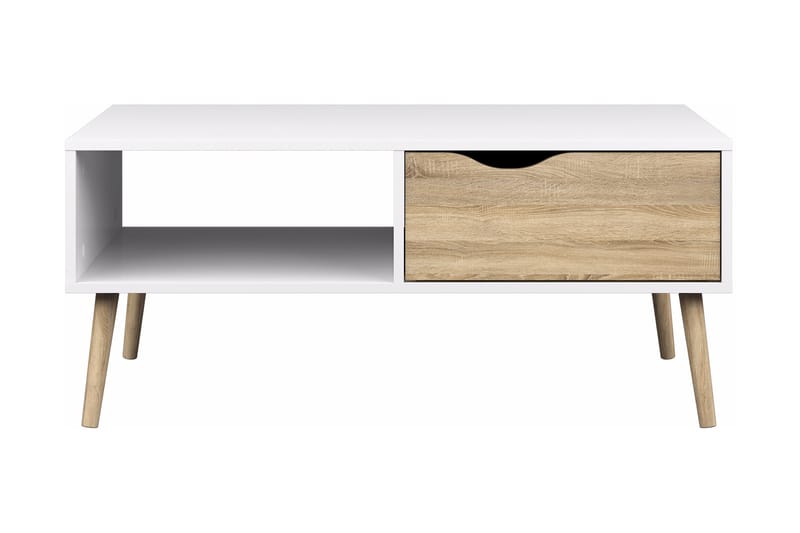 Delta Sofabord 99 cm med Oppbevaringsskuff + Hylle - Hvit/Eikefarge - Sofabord