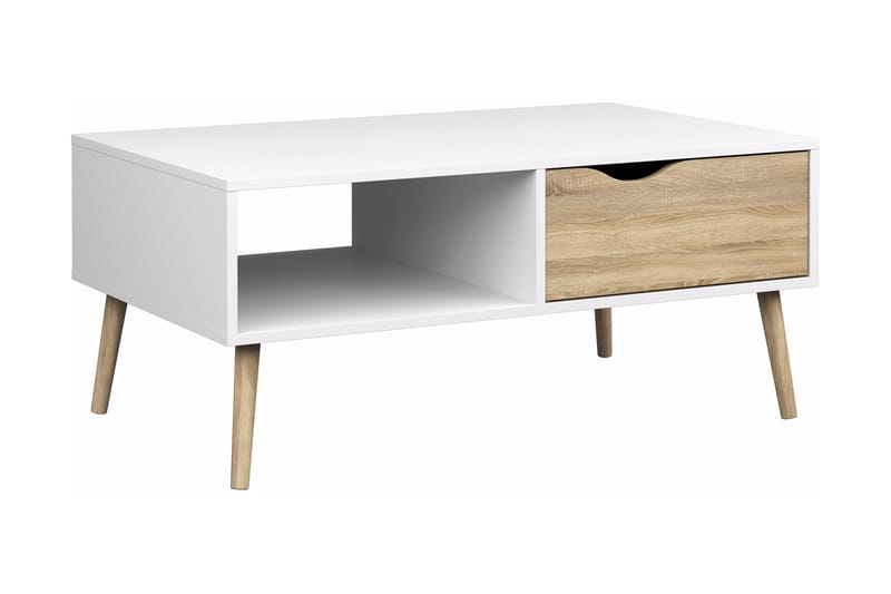 Delta Sofabord 99 cm med Oppbevaringsskuff + Hylle - Hvit/Eikefarge - Møbler - Bord - Sofabord
