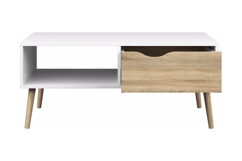 Delta Sofabord 99 cm med Oppbevaringsskuff + Hylle - Hvit/Eikefarge - Sofabord