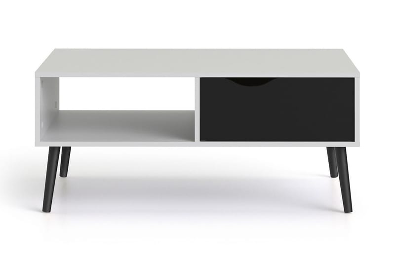 Delta Sofabord 99 cm med Oppbevaringsskuff + Hylle - Hvit/Svart - Sofabord - Sammenleggbart bord - Speilbord - Sofabord med oppbevaring - Sofabord med hjul - Hev og senkbart sofabord